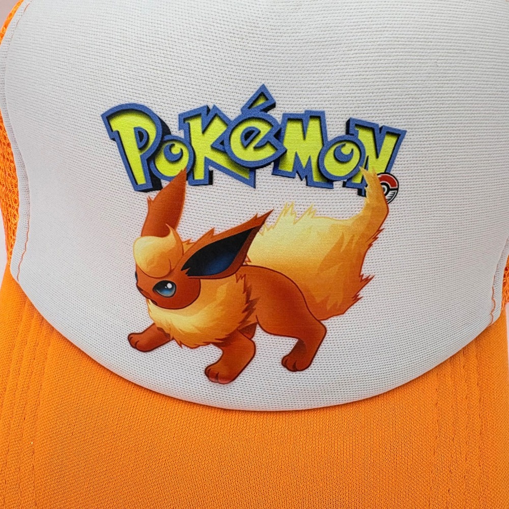 Pokémon Kids One Size Trucker Hat Orange Flareon Graphic Snapback - Picture 2 of 6